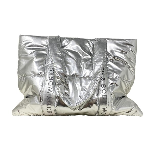 Bath & Body Works Handbags - NWT Bath & Body Works 2024 Black Friday Large Silver Shiny Puffer Tote Bag